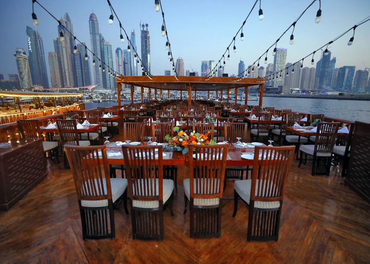 Daytime view of the Dubai Marina skyline from the cruise deck