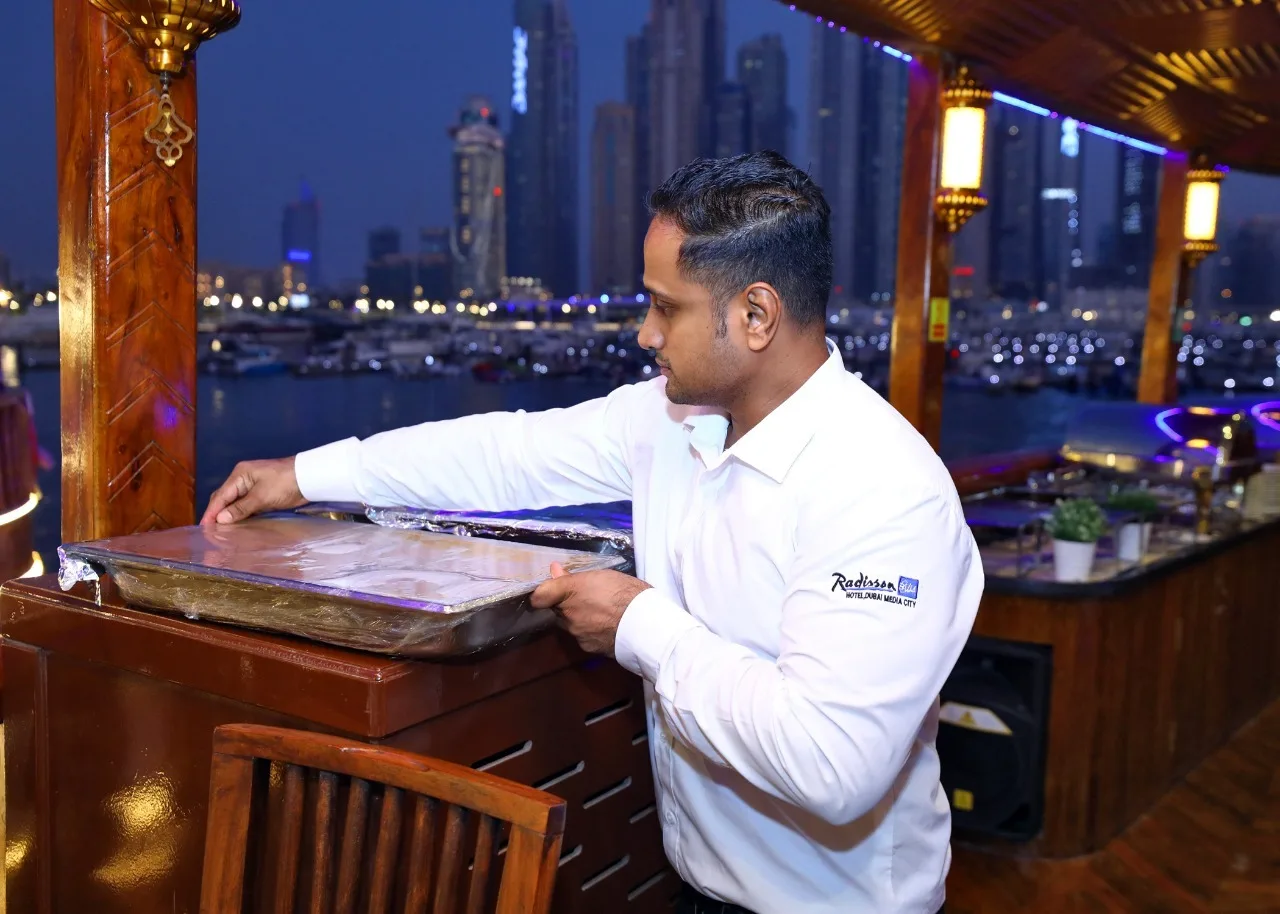 Fireworks over Dubai Marina seen from the deck of a dhow cruise on New Year's Eve