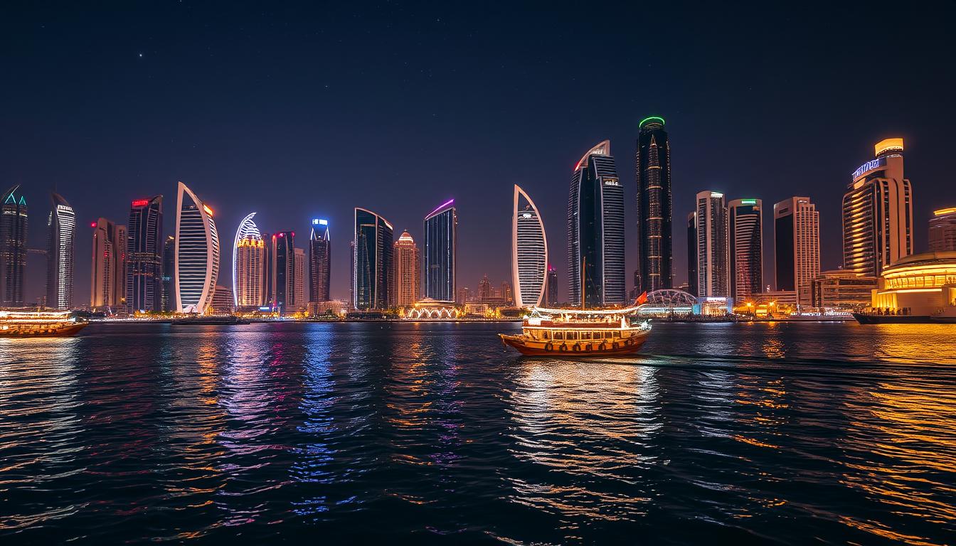 Exploring Dubai Marina at Night on a Dhow Cruise